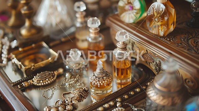 العطور والمستحضرات النسائيه، الشغف بالتزين و التأنق، استخدام الزيوت العطرية، منتجات وطنية محلية سعودية، المجوهرات العربية التقليدية، اهتمام النساء بالأناقة والمظهر الخارجي، صورة مقربة لطاولة زينة لامرأة