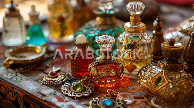 العطور والمستحضرات النسائيه، الشغف بالتزين و التأنق، استخدام الزيوت العطرية، منتجات وطنية محلية سعودية، المجوهرات العربية التقليدية، اهتمام النساء بالأناقة والمظهر الخارجي، صورة مقربة لطاولة زينة لامرأة