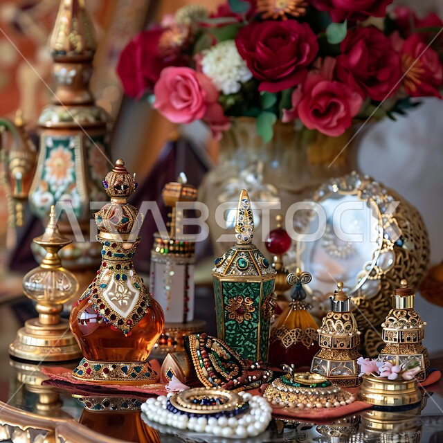 العطور والمستحضرات النسائيه، الشغف بالتزين و التأنق، استخدام الزيوت العطرية، منتجات وطنية محلية سعودية، المجوهرات العربية التقليدية، اهتمام النساء بالأناقة والمظهر الخارجي، صورة مقربة لطاولة زينة لامرأة