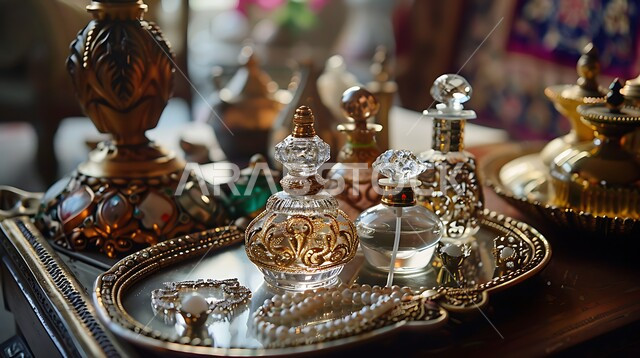 الشغف بالتزين و التأنق، استخدام الزيوت العطرية، منتجات وطنية محلية سعودية، المجوهرات العربية التقليدية، اهتمام النساء بالأناقة والمظهر الخارجي، صورة مقربة لطاولة زينة لامرأة، العطور والمستحضرات النسائيه
