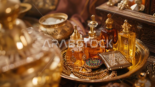اهتمام النساء بالأناقة والمظهر الخارجي، صورة مقربة لطاولة زينة لامرأة، العطور والمستحضرات النسائيه، الشغف بالتزين و التأنق، استخدام الزيوت العطرية، منتجات وطنية محلية سعودية، المجوهرات العربية التقليدية