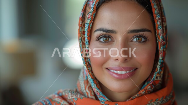 Modern, sophisticated veiled clothes, the concept of femininity and softness, attention to external appearance and elegance, looking at the camera with gestures of self-confidence, a close-up photo of a smiling veiled Saudi Arabian Gulf woman