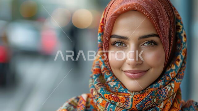 مفهوم الأنوثة والنعومة، الاهتمام بالمظهر الخارجي والأناقة، النظر إلى الكاميرا بايماءات الثقة بالنفس، صورة مقربة لامرأة عربية خليجية سعودية محجبة مبتسمة، ملابس محجبات عصرية راقية