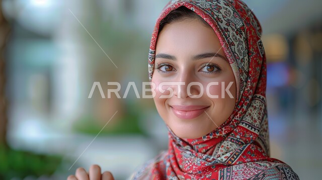 ملابس محجبات عصرية راقية، مفهوم الأنوثة والنعومة، الاهتمام بالمظهر الخارجي والأناقة، النظر إلى الكاميرا بايماءات الثقة بالنفس، صورة مقربة لامرأة عربية خليجية سعودية محجبة مبتسمة