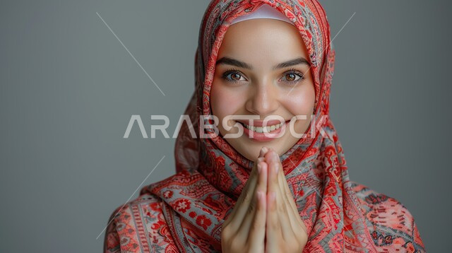 مفهوم الأنوثة والنعومة، الاهتمام بالمظهر الخارجي والأناقة، النظر إلى الكاميرا بايماءات الثقة بالنفس، صورة مقربة لامرأة عربية خليجية سعودية محجبة مبتسمة ترفع يديها بايماءات الدعاء، ملابس محجبات عصرية راقية