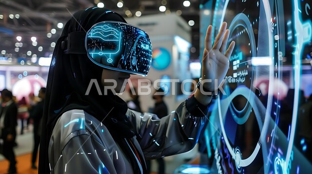 محاولة لمس شيء ما، استخدام الأجهزة والتكنولوجيا الحديثة والمتطورة, المتعة والتسلية بمحاكاة العالم الخيالي، الاندماج والتفاعل مع الواقع الافتراضي, صورة مقربة لإمرأة عربية خليجية سعودية محجبة ترتدي نظارة في آر ثلاثية الأبعاد تنظر إلى شيء ما