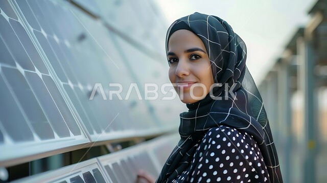 ملابس محجبات عصرية راقية، مفهوم الأنوثة والنعومة، الاهتمام بالمظهر الخارجي والأناقة، النظر إلى الكاميرا بايماءات الثقة بالنفس، صورة مقربة لامرأة عربية خليجية سعودية محجبة مبتسمة