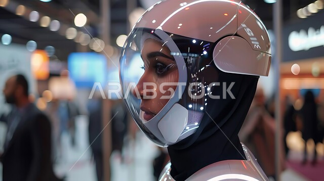 التطور و التقدم التقني, صورة مقربة لإمرأة عربية خليجية سعودية محجبة ترتدي بدلة روبوت تعمل بالذكاء الاصطناعي تنظر إلى مكان ما، معرض المستقبل للالكترونيات، رؤية مستقبلية 2030، الاستمتاع بمواكبة التقدم التكنولوجي