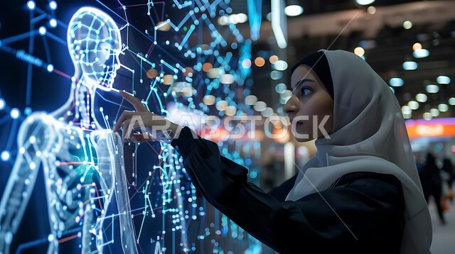 الاستمتاع في محاكاة العالم الخيالي، التفاعل وتحريك العناصر الهولوجرامية، النقر على الشاشة باستخدام حاسة اللمس، بورتريه مقرب لسيدة عربية سعودية خليجية ترتدي العباءة والحجاب تنظر إلى شاشة مضيئة، رسومات ثلاثية الابعاد لجسم الانسان