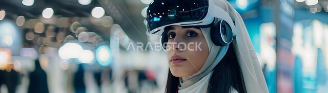 التفاعل والاندماج مع الواقع الافتراضي, العلوم والتكنولوجيا الحديثة والمتطورة, صورة مقربة لامرأة عربية خليجية سعودية محجبة تضع نظارة الواقع الافتراضي على رأسها تنظر إلى شيء ما، رؤية مستقبلية سعودية2030 