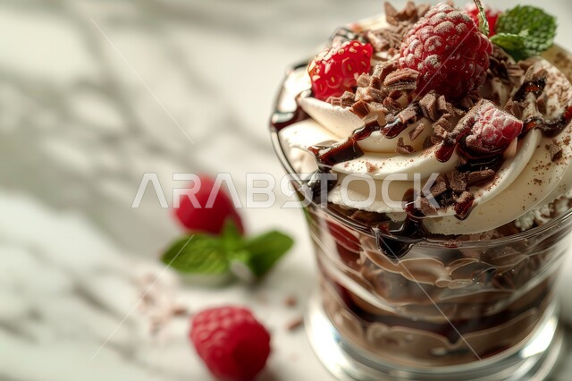 حلويات صيفية باردة، آيس كريم المزين بحبات التوت البري، المأكولات المليئة بالسكريات والسعرات الحرارية، مرطبات فصل الصيف، صورة مقربة لطبق من البوظة بنكهات الشوكولا