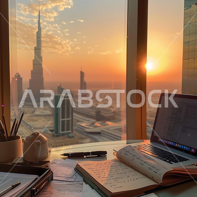 غرف مكتبية بتصاميم داخلية وديكورات راقية، الفن الهندسي المعماري للمباني الشاهقة في المملكة، تصميم عصري حديث لمكاتب الشركات السعودية، غرفة عمل مجهزة بالأدوات والأجهزة التقنية الحديثة، مكتب بواجهه زجاجية مطلة على الأبراج وناطحات السحاب المشهورة وقت غروب الشمس