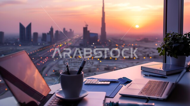 الفن الهندسي المعماري للمباني الشاهقة في المملكة، غرف مكتبية بتصاميم داخلية وديكورات راقية، تصميم عصري حديث لمكاتب الشركات السعودية، غرفة عمل مجهزة بالأدوات والأجهزة التقنية الحديثة، مكتب بواجهه زجاجية مطلة على الأبراج وناطحات السحاب المشهورة وقت غروب الشمس