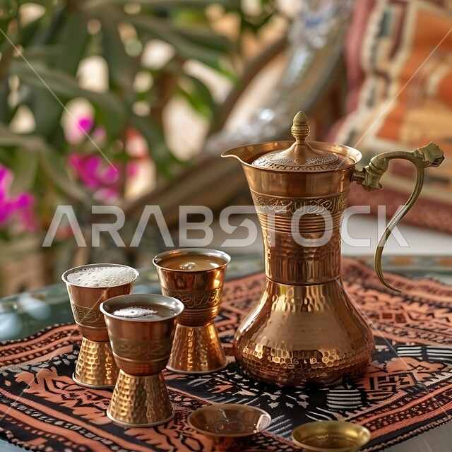 إكرام الضيف وحسن استقباله، التقاليد والعادات الأصيلة المتوارثة من الأجداد، نقوش الآرابيسك على دلة نحاسية مع عدة فناجين, البن العربي الخليجي الفاخر, مفهوم الضيافة العربية الأصيلة, تقديم المشروبات الساخنة للزوار, القهوة العربية في الثقافة السعودية