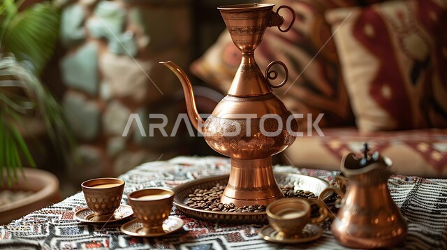 التقاليد والعادات الأصيلة المتوارثة من الأجداد, البن العربي الخليجي الفاخر, مفهوم الضيافة العربية الأصيلة, تقديم المشروبات الساخنة للزوار, حسن استقبال الضيف وإكرامه, دلة نحاسية مزينة بالآرابيسك مع عدة فناجين, القهوة العربية في الثقافة السعودية