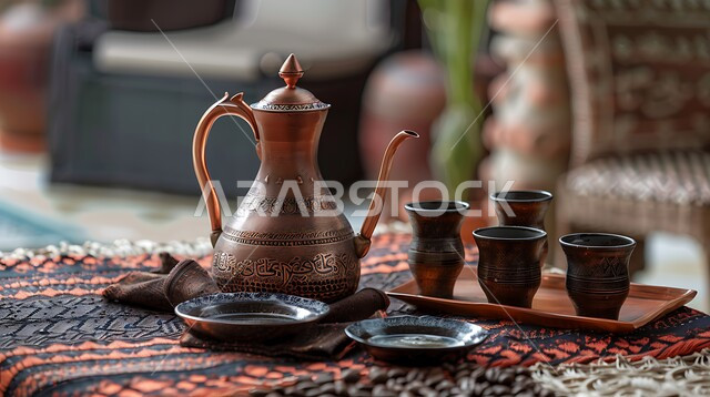 دلة نحاسية مزينة بالآرابيسك مع عدة فناجين, البن العربي الخليجي الفاخر, مفهوم الضيافة العربية الأصيلة, تقديم المشروبات الساخنة للزوار, حسن استقبال الضيف وإكرامه,القهوة العربية في الثقافة السعودية, التقاليد والعادات الأصيلة المتوارثة من الأجداد