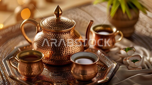 حسن استقبال الضيف وإكرامه, البن العربي الخليجي الفاخر, مفهوم الضيافة العربية الأصيلة, تقديم المشروبات الساخنة للزوار, دلة نحاسية مزينة بالآرابيسك مع عدة فناجين, القهوة العربية في الثقافة السعودية, التقاليد والعادات الأصيلة المتوارثة من الأجداد