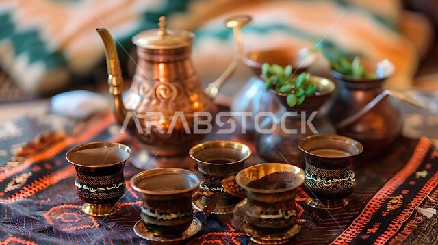 تقديم المشروبات الساخنة للزوار, البن العربي الخليجي الفاخر, مفهوم الضيافة العربية الأصيلة, حسن استقبال الضيف وإكرامه, دلة نحاسية مزينة بالآرابيسك مع عدة فناجين, القهوة العربية في الثقافة السعودية, التقاليد والعادات الأصيلة المتوارثة من الأجداد
