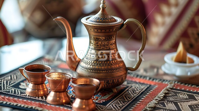 The concept of authentic Arab hospitality, luxurious Gulf Arabic coffee, providing hot drinks to visitors, welcoming and honoring the guest, a copper pot decorated with Arabesques with several cups, Arabic coffee in Saudi culture, authentic traditions and customs inherited from ancestors