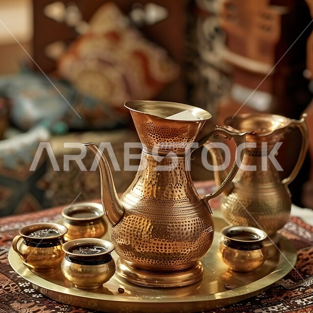 البن العربي الخليجي الفاخر, مفهوم الضيافة العربية الأصيلة, تقديم المشروبات الساخنة للزوار, حسن استقبال الضيف وإكرامه, دلة نحاسية مزينة بالآرابيسك مع عدة فناجين, القهوة العربية في الثقافة السعودية, التقاليد والعادات الأصيلة المتوارثة من الأجداد