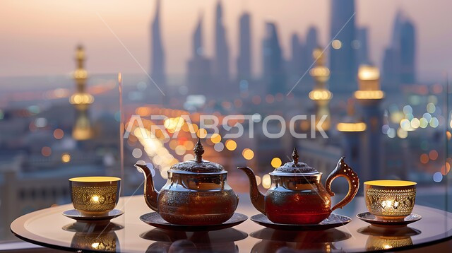 تقديم المشروبات الساخنة للزوار, طقم شاي عربي تقليدي, ثقافة حسن استقبال الضيوف, مفهوم الكرم عند العرب, الضيافة العربية الشعبية, التطور والنمو العمراني في السعودية, خلفية الأبراج وناطحات السحاب في المملكة