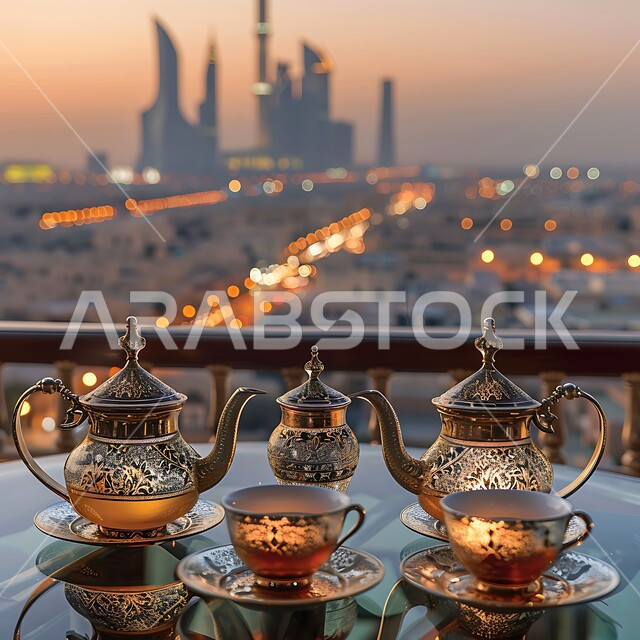 الضيافة العربية الشعبية, طقم شاي عربي تقليدي, تقديم المشروبات الساخنة للزوار, ثقافة حسن استقبال الضيوف, مفهوم الكرم عند العرب, التطور والنمو العمراني في السعودية, خلفية الأبراج وناطحات السحاب في المملكة