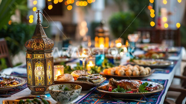 أصناف الطعام المختلفة على سفرة الافطار, مائدة رمضانية مزينة بالفوانيس المضيئة, طقوس وزينة شهر رمضان المبارك,الكرم وتقديم أشهى المأكولات والحلويات، مفهوم الضيافة العربية، الاحتفال بالمناسبات الاسلامية، حسن استقبال الضيوف والزوار