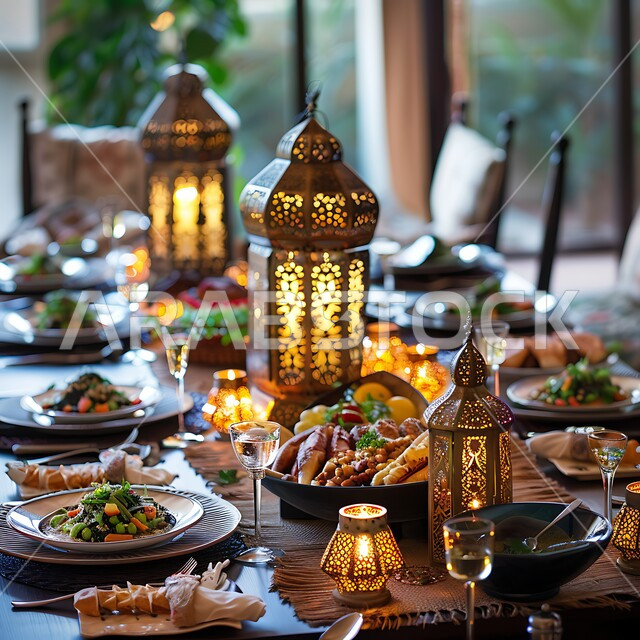 Decorations for the holy month of Ramadan, welcoming guests and visitors, a Ramadan table decorated with illuminated lanterns, a table full of different types of food, meeting around the iftar table, generosity and providing the most delicious food and sweets, the concept of Arab hospitality, celebrating Islamic occasions.