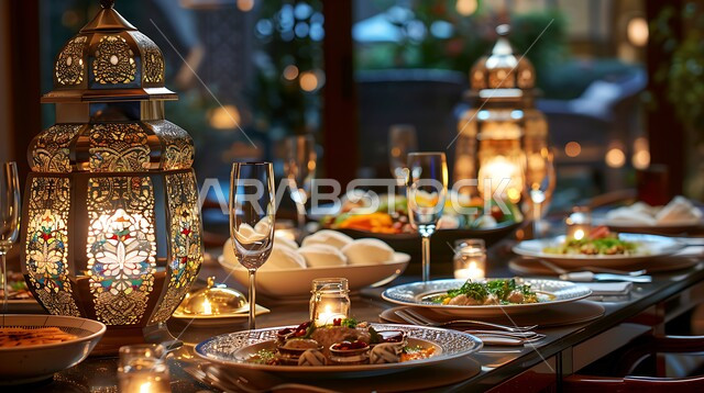 حسن استقبال الضيوف والزوار، طاولة رمضانية مزينة بالفوانيس المضيئة, طقوس وزينة شهر رمضان المبارك, مائدة مليئة بأصناف الطعام المختلفة, الاجتماع حول سفرة الافطار, الكرم وتقديم أشهى المأكولات والحلويات، مفهوم الضيافة العربية، الاحتفال بالمناسبات الاسلامية 