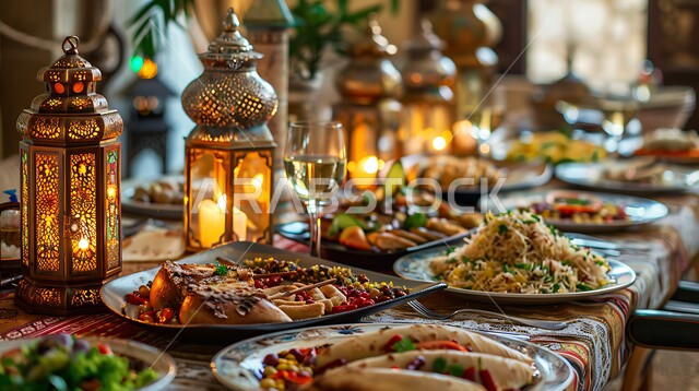 الاحتفال بالمناسبات الاسلامية, طاولة رمضانية مزينة بالفوانيس المضيئة, طقوس وزينة شهر رمضان المبارك, مائدة مليئة بأصناف الطعام المختلفة, الاجتماع حول سفرة الافطار, الكرم وتقديم أشهى المأكولات والحلويات، مفهوم الضيافة العربية، حسن استقبال الضيوف والزوار