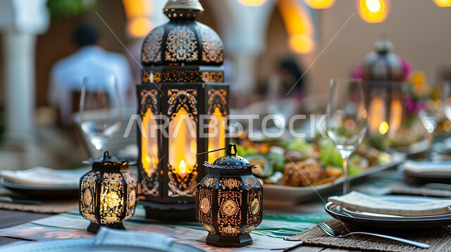  تقديم أشهى المأكولات والحلويات، طاولة رمضانية مزينة بالفوانيس المضيئة, طقوس وزينة شهر رمضان المبارك, مائدة مليئة بأصناف الطعام المختلفة, الاجتماع حول سفرة الافطار,مفهوم الضيافة العربية، حسن استقبال الضيوف والزوار، الاحتفال بالمناسبات الاسلامية 