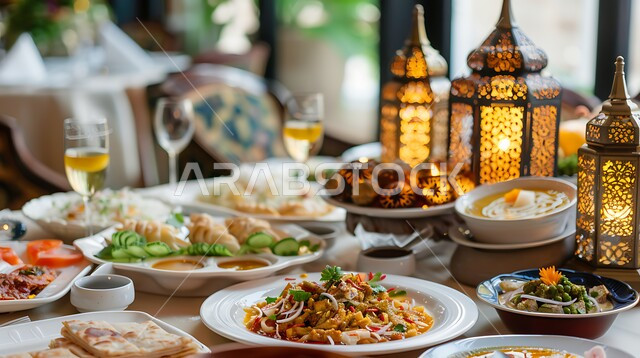  الكرم وتقديم أشهى المأكولات والحلويات، طاولة رمضانية مزينة بالفوانيس المضيئة, طقوس وزينة شهر رمضان المبارك, مائدة مليئة بأصناف الطعام المختلفة, الاجتماع حول سفرة الافطار,مفهوم الضيافة العربية، حسن استقبال الضيوف والزوار، الاحتفال بالمناسبات الاسلامية 