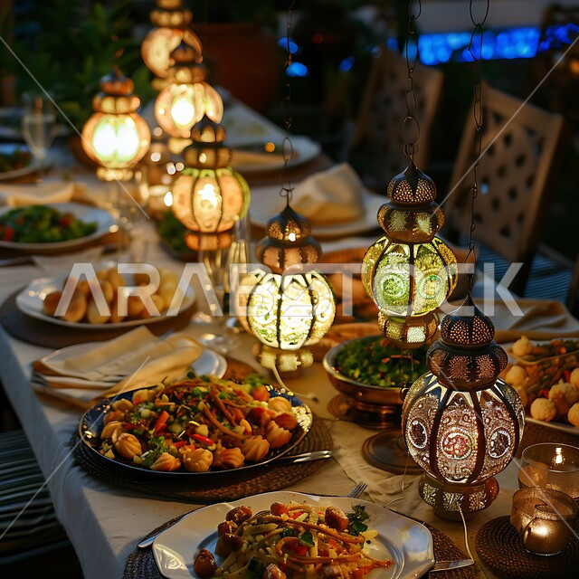 مائدة مليئة بأصناف الطعام المختلفة, طاولة رمضانية مزينة بالفوانيس المضيئة, طقوس وزينة شهر رمضان المبارك, الاجتماع حول سفرة الافطار, الكرم وتقديم أشهى المأكولات والحلويات، مفهوم الضيافة العربية، حسن استقبال الضيوف والزوار، الاحتفال بالمناسبات الاسلامية 