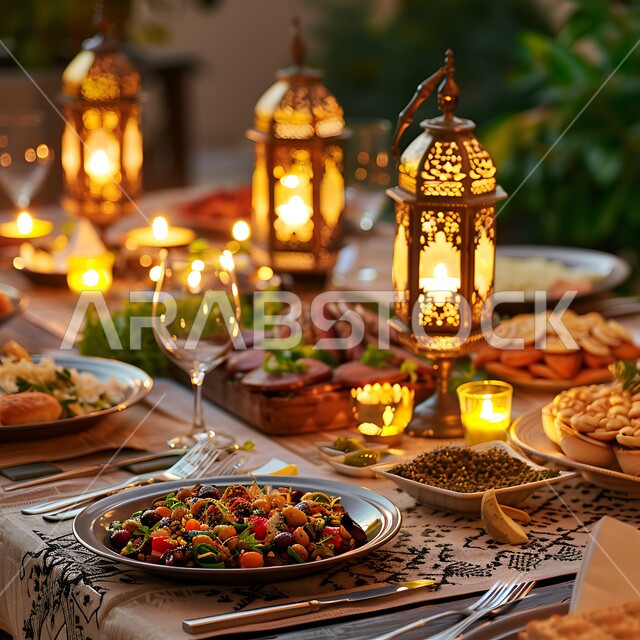 الاجتماع حول سفرة الافطار, طاولة رمضانية مزينة بالفوانيس المضيئة, طقوس وزينة شهر رمضان المبارك, مائدة مليئة بأصناف الطعام المختلفة, الكرم وتقديم أشهى المأكولات والحلويات، مفهوم الضيافة العربية، حسن استقبال الضيوف والزوار، الاحتفال بالمناسبات الاسلامية 
