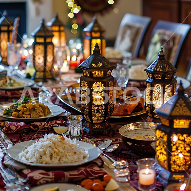 طاولة رمضانية مزينة بالفوانيس المضيئة, طقوس وزينة شهر رمضان المبارك, مائدة مليئة بأصناف الطعام المختلفة, الاجتماع حول سفرة الافطار, الكرم وتقديم أشهى المأكولات والحلويات، مفهوم الضيافة العربية، حسن استقبال الضيوف والزوار، الاحتفال بالمناسبات الاسلامية 