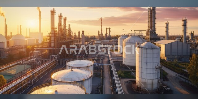 Oil refinery factories in the Kingdom of Saudi Arabia, the concept of work in the industrial engineering sector, the quality of machinery and equipment in oil extraction factories, modern technologies in oil and gas production.