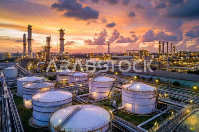 مفهوم العمل في القطاع الهندسي الصناعي، جودة الآلات والمعدات في معامل استخرج النفط، التقنيات الحديثة في انتاج الزيوت والغاز ، مصانع تكرير البترول في وقت غروب الشمس في المملكة العربية السعودية