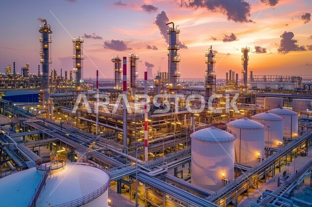 مفهوم العمل في القطاع الهندسي الصناعي، جودة الآلات والمعدات في معامل استخرج النفط، التقنيات الحديثة في انتاج الزيوت والغاز ، مصانع تكرير البترول في وقت غروب الشمس في المملكة العربية السعودية