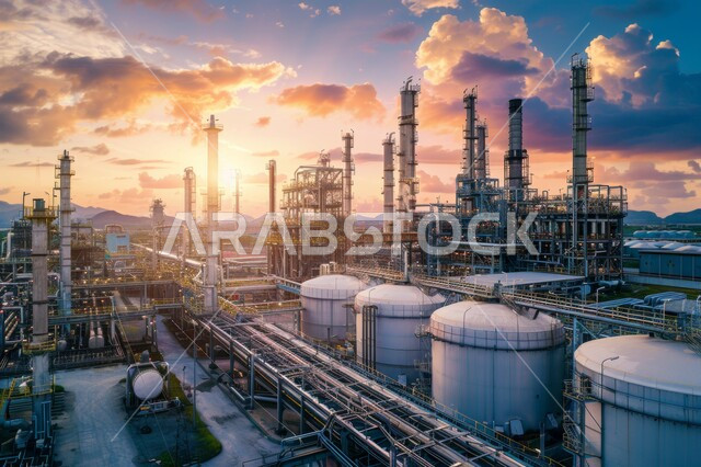 مفهوم العمل في القطاع الهندسي الصناعي، جودة الآلات والمعدات في معامل استخرج النفط، التقنيات الحديثة في انتاج الزيوت والغاز ، مصانع تكرير البترول في وقت غروب الشمس في المملكة العربية السعودية