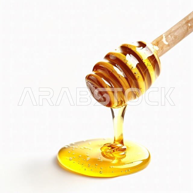  ملعقة خشبية ذات رأس دائري، استخراج عسل النحل الطبيعي من المناحل, منتجات غذائية محلية وطنية في المملكة العربية السعودية، الأغذية الصحية المفيدة, صورة مقربة لمغرفة خشبية، الأساليب الفنية لعرض وتصوير البضائع، خلفية بيضاء