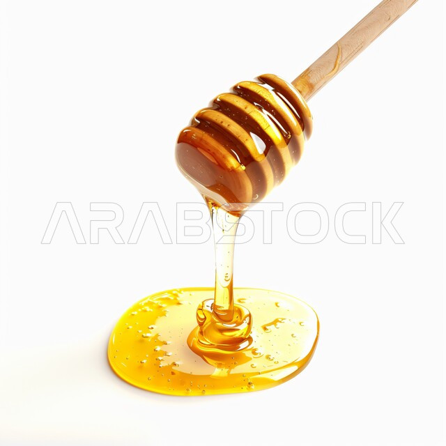  ملعقة خشبية ذات رأس دائري، استخراج عسل النحل الطبيعي من المناحل, منتجات غذائية محلية وطنية في المملكة العربية السعودية، الأغذية الصحية المفيدة, صورة مقربة لمغرفة خشبية، الأساليب الفنية لعرض وتصوير البضائع، خلفية بيضاء