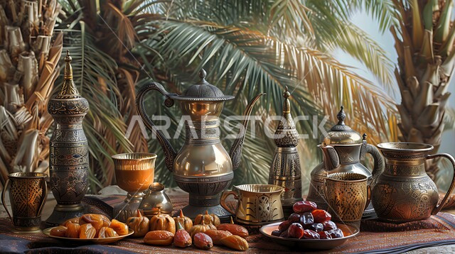 تقديم حبات التمر السكرية, الحفاظ على التقاليد من الأجداد العرب إلى الأحفاد, العادات العربية الأصيلة, حسن استقبال الضيف وإكرامه, البن العربي الخليجي الفاخر, دلة من القهوة العربية مع الفناجين, الضيافة الشعبية المتوارثة جيل بعد جيل, خلفية أشجار النخيل العالية