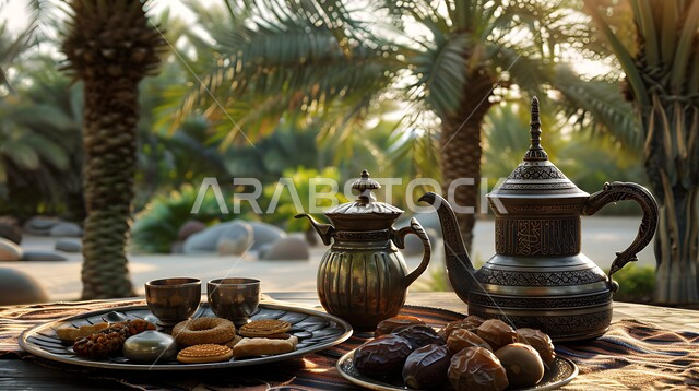 الأصالة والعراقة في التقاليد عند العرب, العادات العربية الأصيلة, حسن استقبال الضيف وإكرامه, البن العربي الخليجي الفاخر, دلة من القهوة العربية مع الفناجين, تقديم حبات التمر السكرية, الضيافة الشعبية المتوارثة جيل بعد جيل, خلفية أشجار النخيل العالية