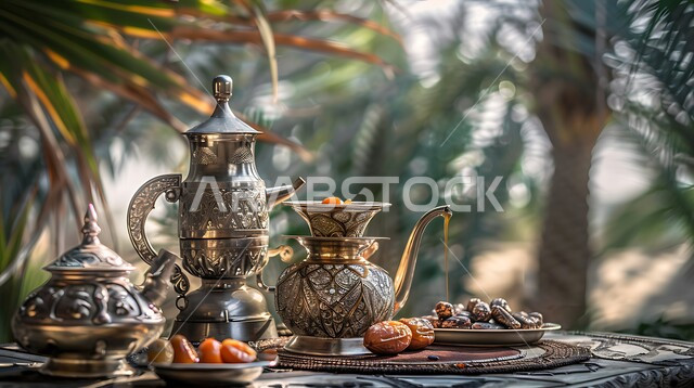  الضيافة الشعبية المتوارثة عبر الأجيال, الأصالة والعراقة في التقاليد عند العرب, العادات العربية الأصيلة, حسن استقبال الضيف وإكرامه, البن العربي الخليجي الفاخر, دلة من القهوة العربية مع الفناجين, تقديم حبات التمر السكرية, خلفية أشجار النخيل العالية