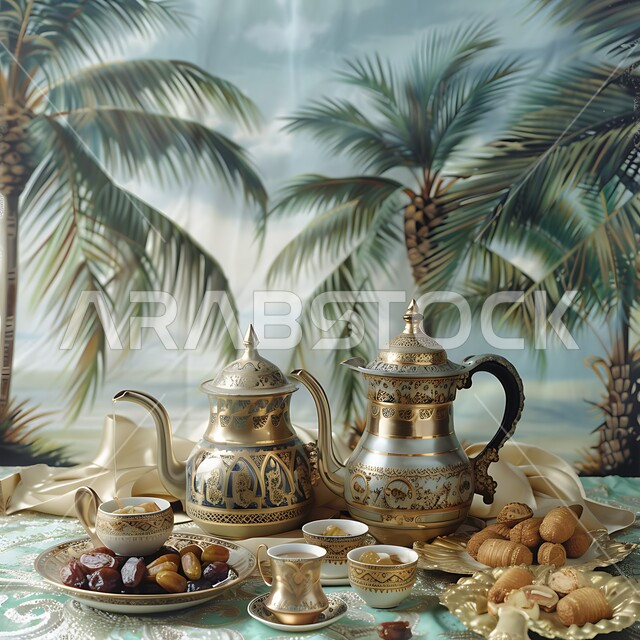 دلة من القهوة العربية مع الفناجين, الحفاظ على التقاليد من الأجداد إلى الأحفاد, العادات العربية الأصيلة, حسن استقبال الضيف وإكرامه, البن العربي الخليجي الفاخر, تقديم حبات التمر السكرية, الضيافة الشعبية المتوارثة جيل بعد جيل, خلفية أشجار النخيل العالية