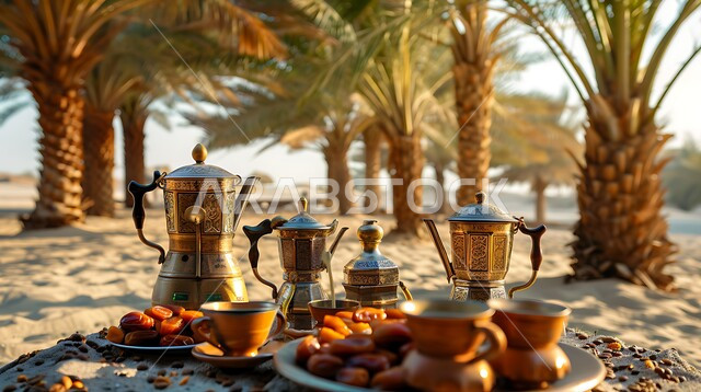 البن العربي الخليجي الفاخر, الحفاظ على التقاليد من الأجداد إلى الأحفاد, العادات العربية الأصيلة, حسن استقبال الضيف وإكرامه, دلة من القهوة العربية مع الفناجين, تقديم حبات التمر السكرية, الضيافة الشعبية المتوارثة جيل بعد جيل, خلفية أشجار النخيل العالية