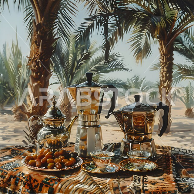 Greeting and honoring the guest, preserving traditions from Arab ancestors to grandchildren, authentic Arab customs, luxurious Gulf Arabic coffee, a pot of Arabic coffee with cups, serving sugary dates, popular hospitality passed down from generation to generation, a background of tall palm trees