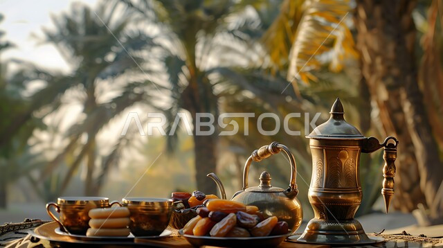الحفاظ على التقاليد من الأجداد العرب إلى الأحفاد, العادات العربية الأصيلة, حسن استقبال الضيف وإكرامه, البن العربي الخليجي الفاخر, دلة من القهوة العربية مع الفناجين, تقديم حبات التمر السكرية, الضيافة الشعبية المتوارثة جيل بعد جيل, خلفية أشجار النخيل العالية