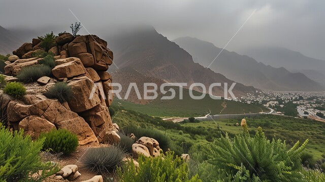 The rocky environment in the Kingdom of Saudi Arabia, mountainous nature, mountain peaks and highlands, herbs, trees and green plants, areas where rocks and sediments form, quiet and beautiful natural places
