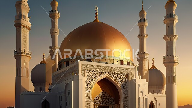 الفن الهندسي المعماري لبناء المساجد في المملكة العربية السعودية, المعالم الدينية الإسلامية المقدسة, القبة الذهبية اللامعة والمآذن الشامخة, مجسم ثلاثي الأبعاد لمسجد تم تصميمه على الطراز الاسلامي, أداء الفرائض والصلوات والتقرب إلى الله